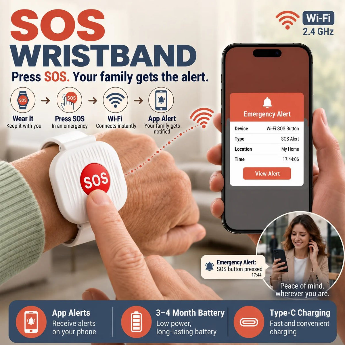 ⏰ LAST DAY 50% OFF-❤️ One-Touch SOS Bracelet for Seniors | Wi-Fi Family Alerts & No Monthly Fees