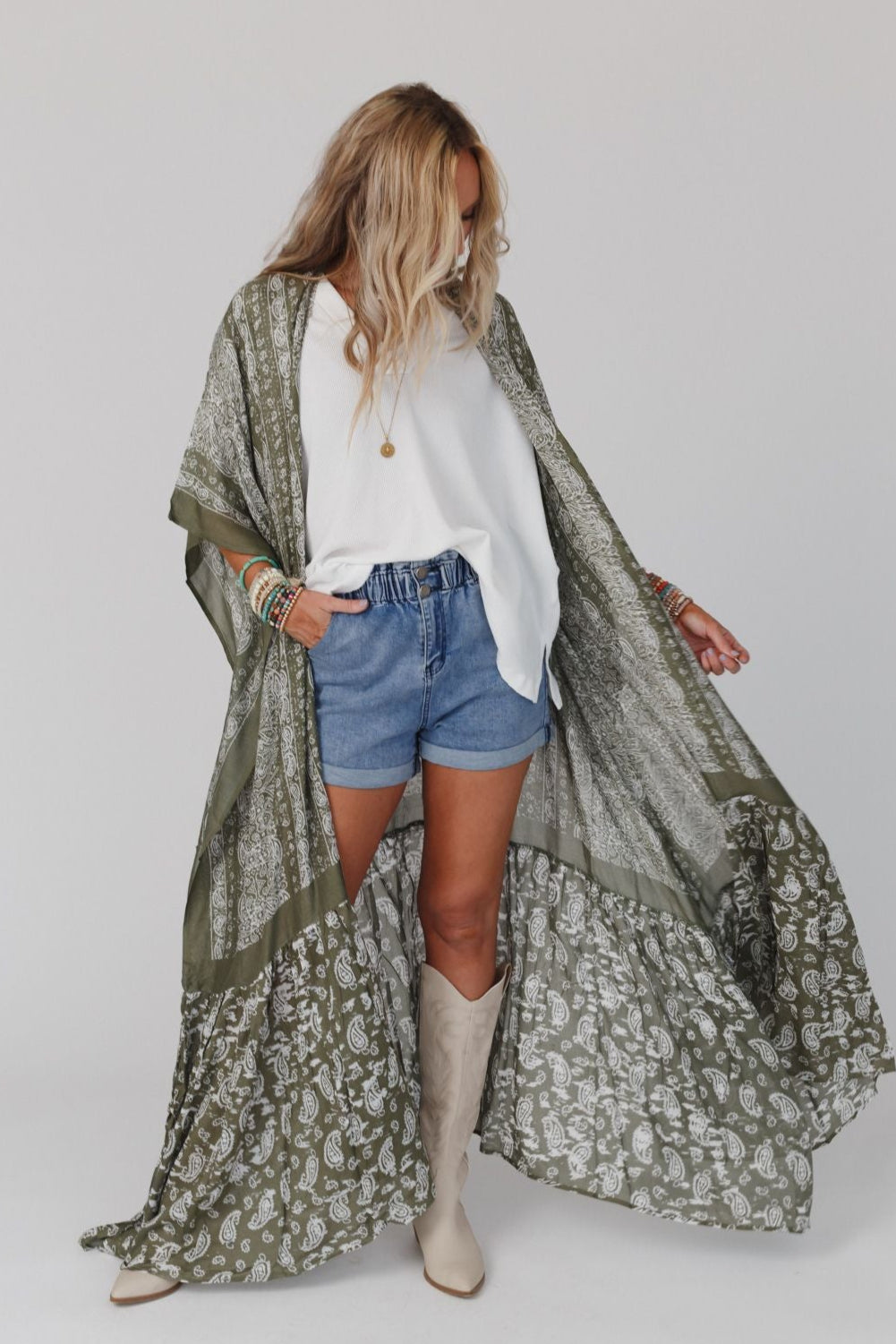 Paisley Tapestry Free Flow Duster Kimono - Olive