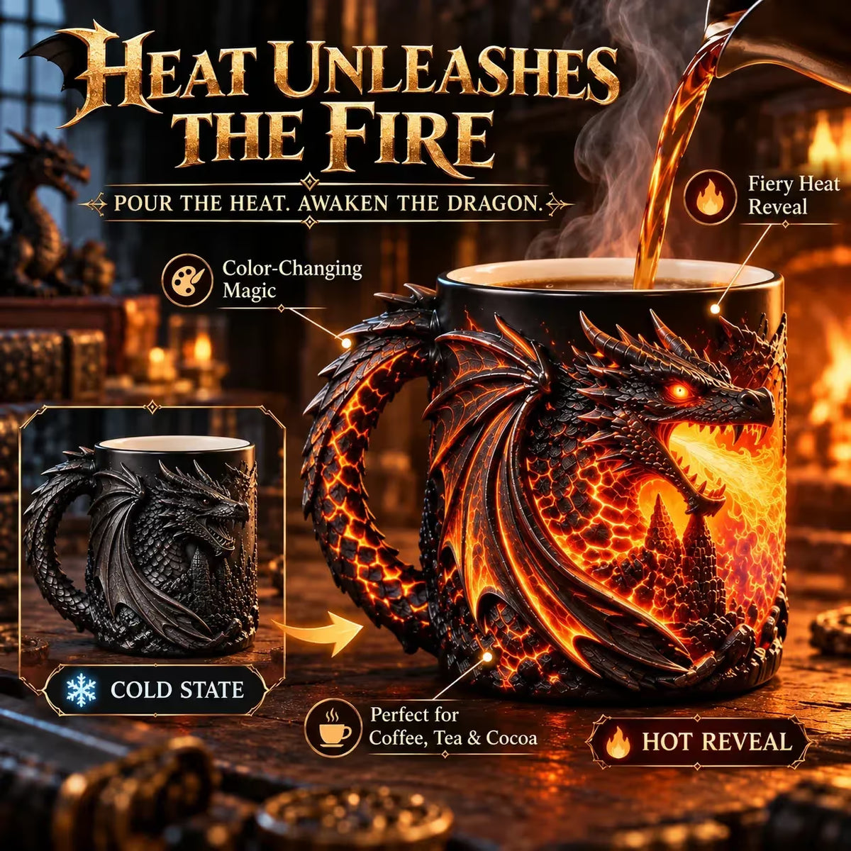 🔥 Last Day 49% OFF - 🐉 Dragonfire 3D Heat-Reveal Magic Mug | Add a Hot Drink. Awaken the Dragon.🔥