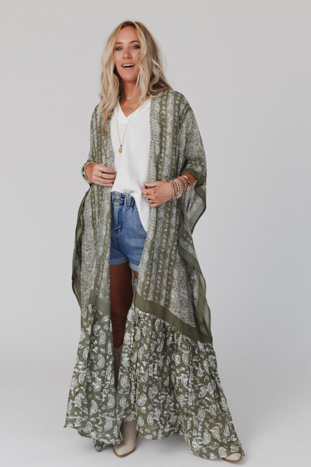 Paisley Tapestry Free Flow Duster Kimono - Olive