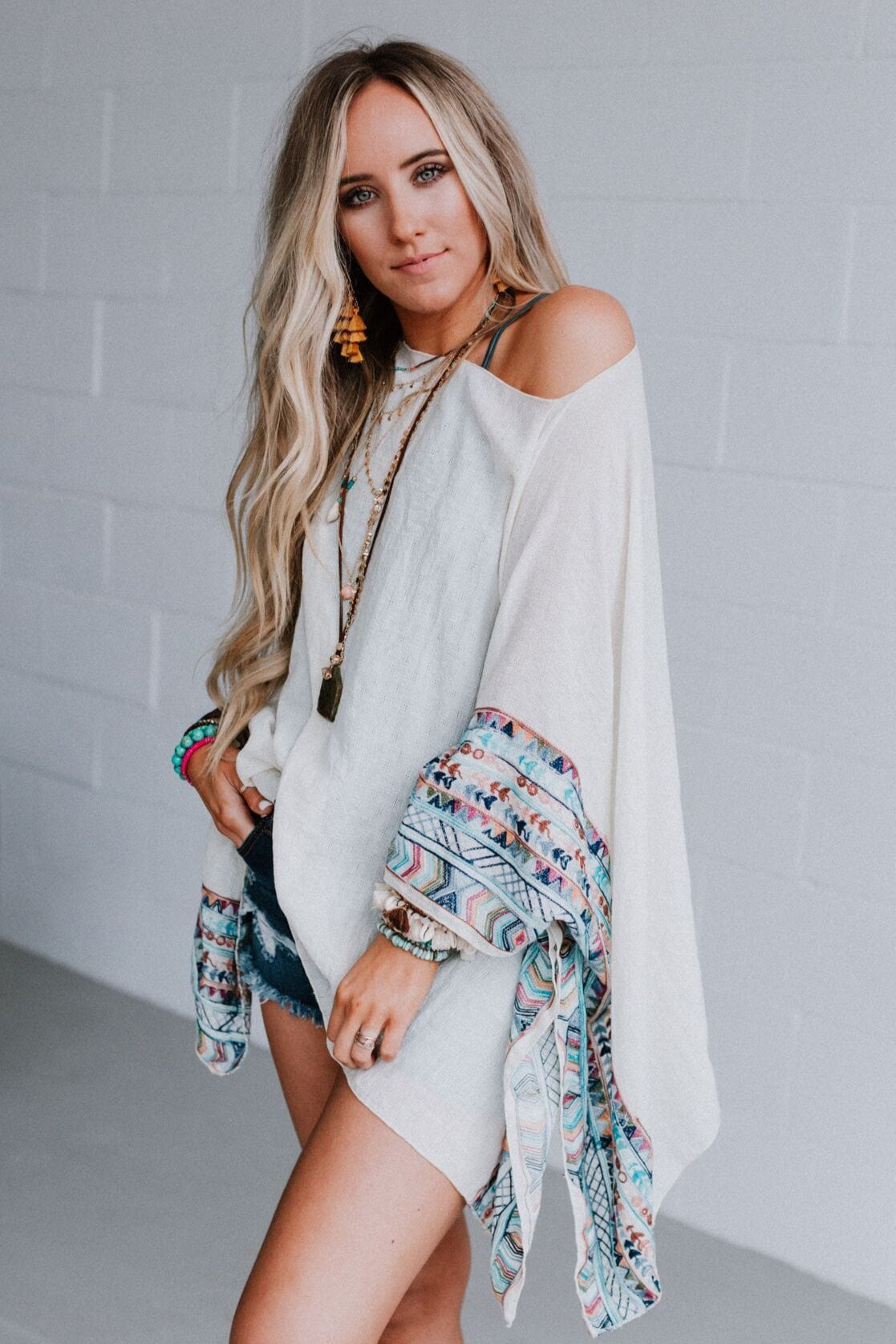 Fallon Embroidered Sleeve Poncho - Ivory