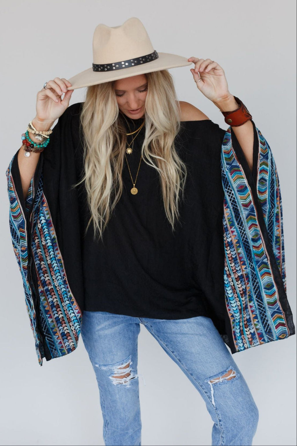 Fallon Embroidered Sleeve Poncho - Black