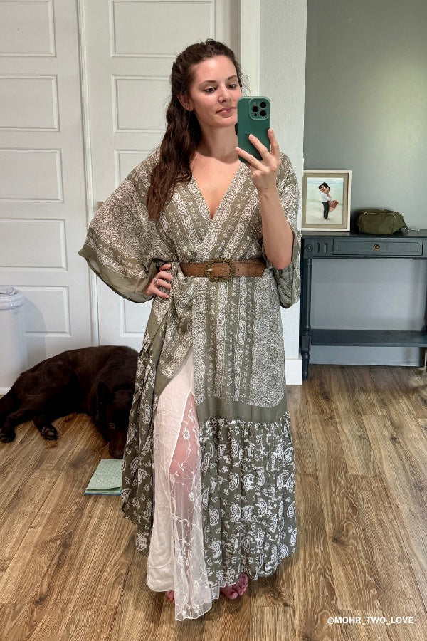 Paisley Tapestry Free Flow Duster Kimono - Olive