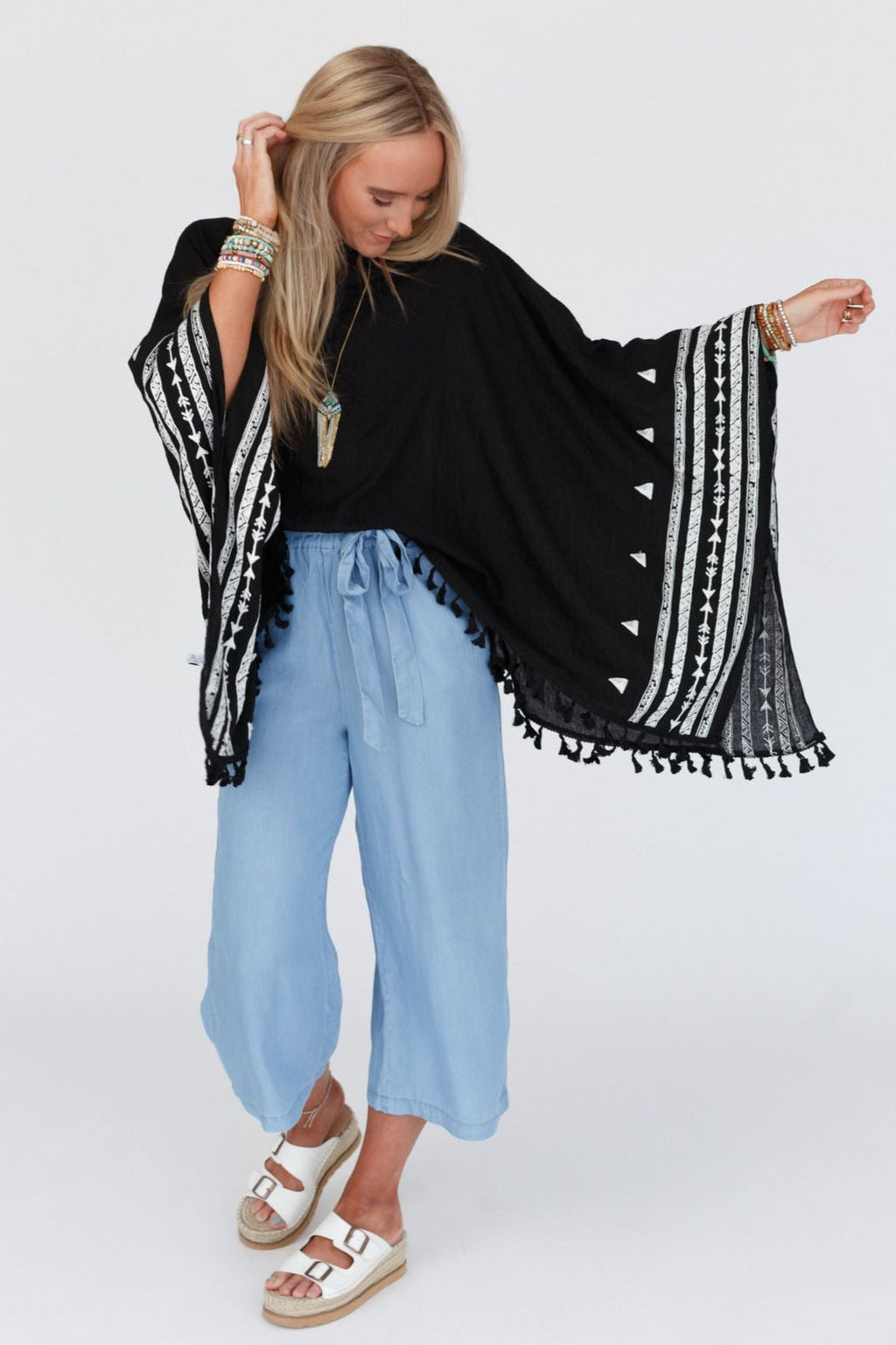 Fallon Embroidered Sleeve Tassel Poncho - Black