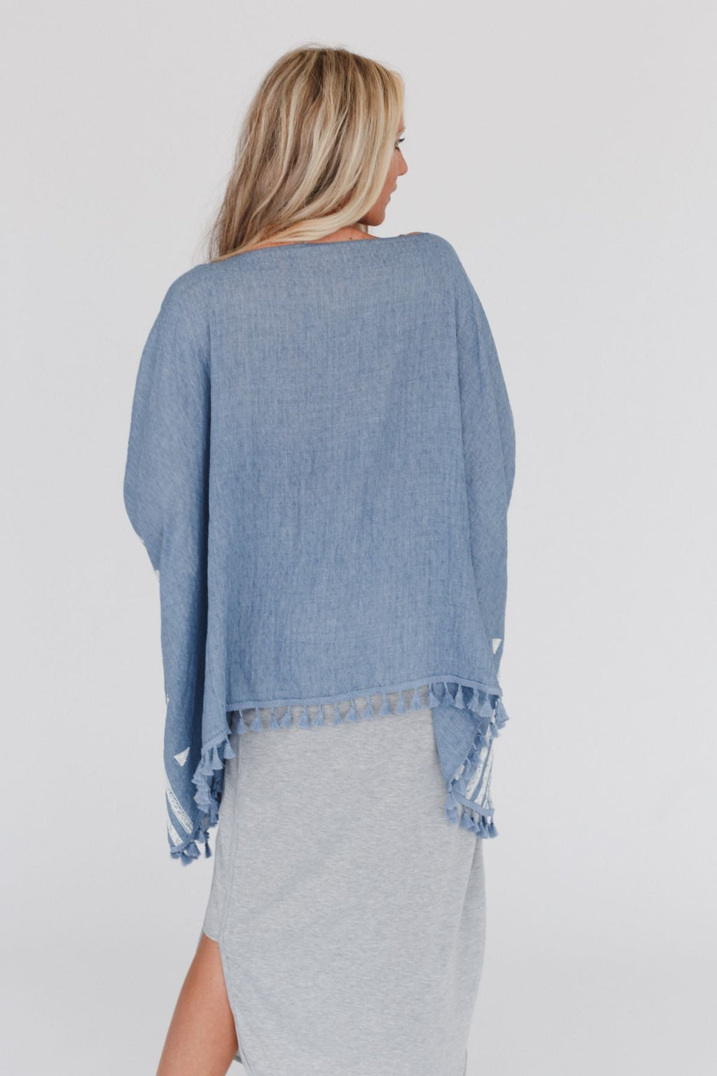 Fallon Embroidered Sleeve Tassel Poncho - Blue