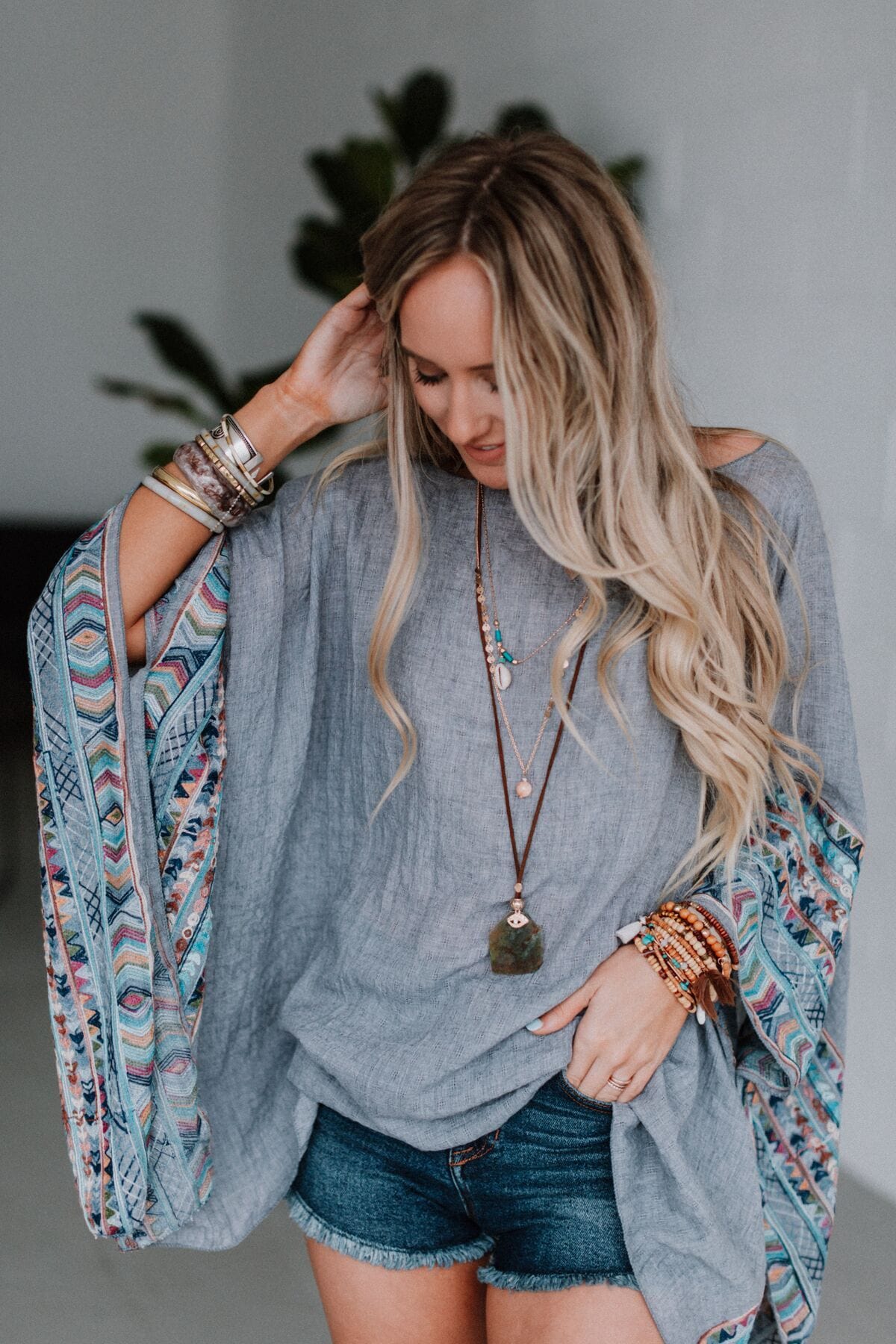 Fallon Embroidered Sleeve Poncho - Gray