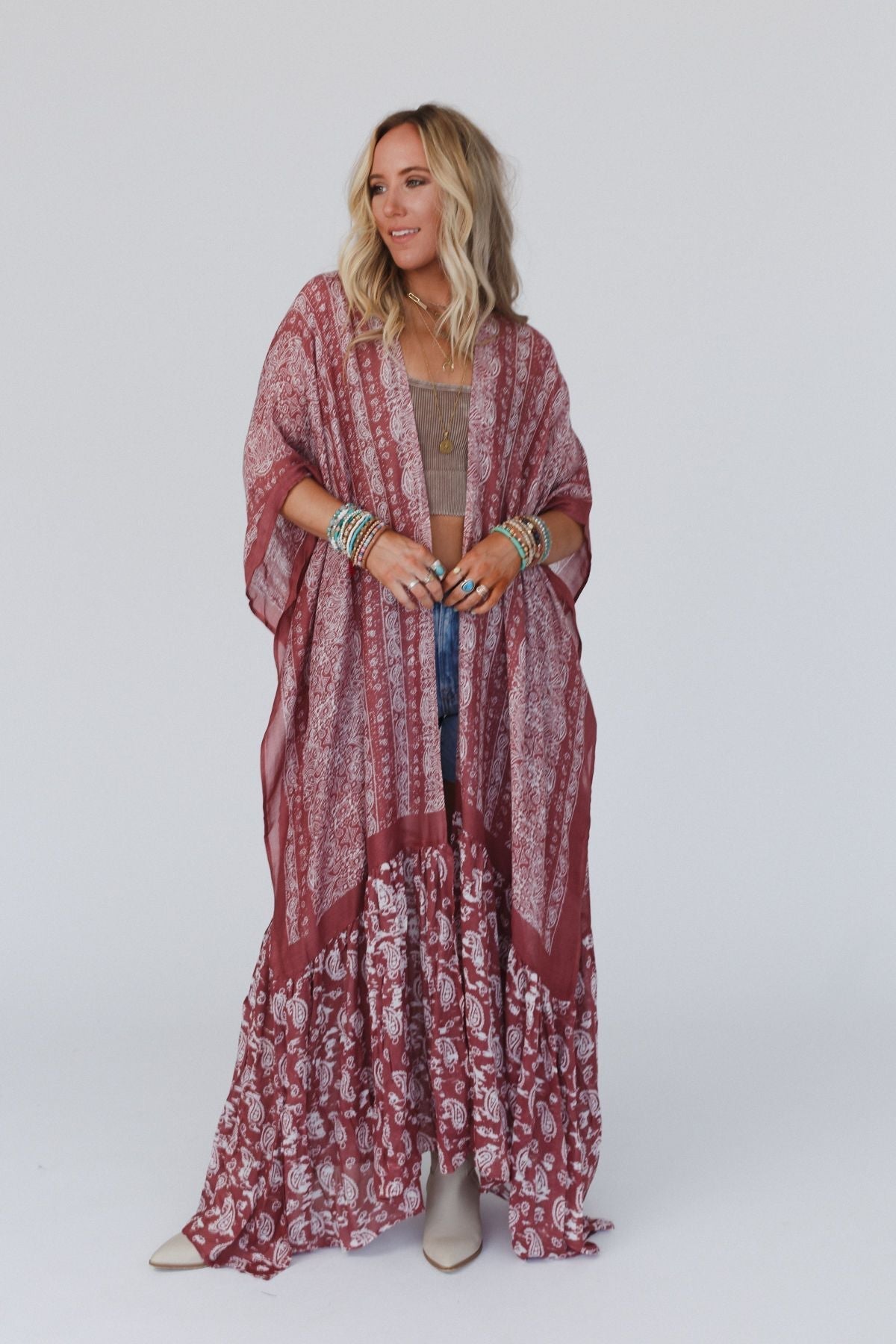 Paisley Tapestry Free Flow Duster Kimono - Wine